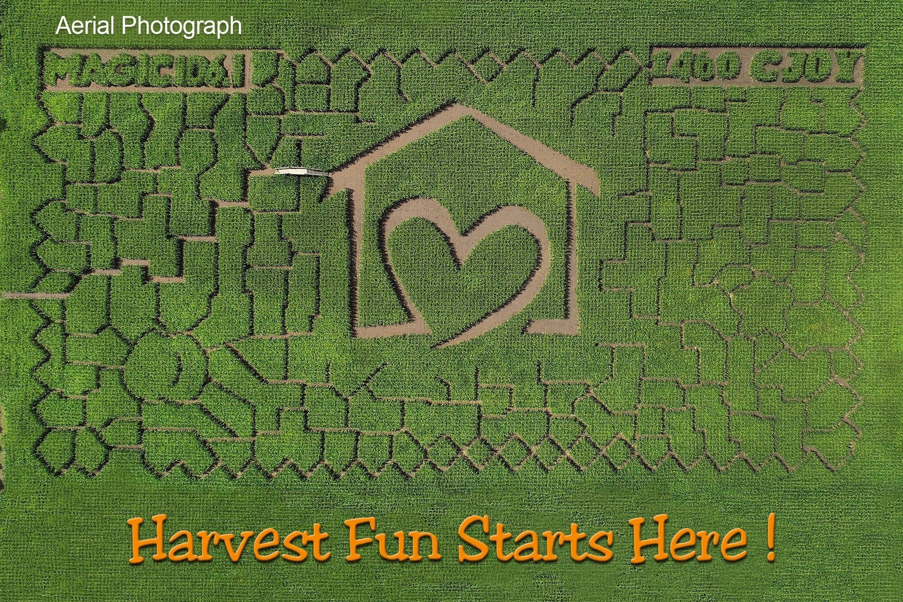 aerial view of strom's field with text harvest fun starts here