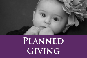 black and white photograph of baby wearing flower headband with text that reads planned giving